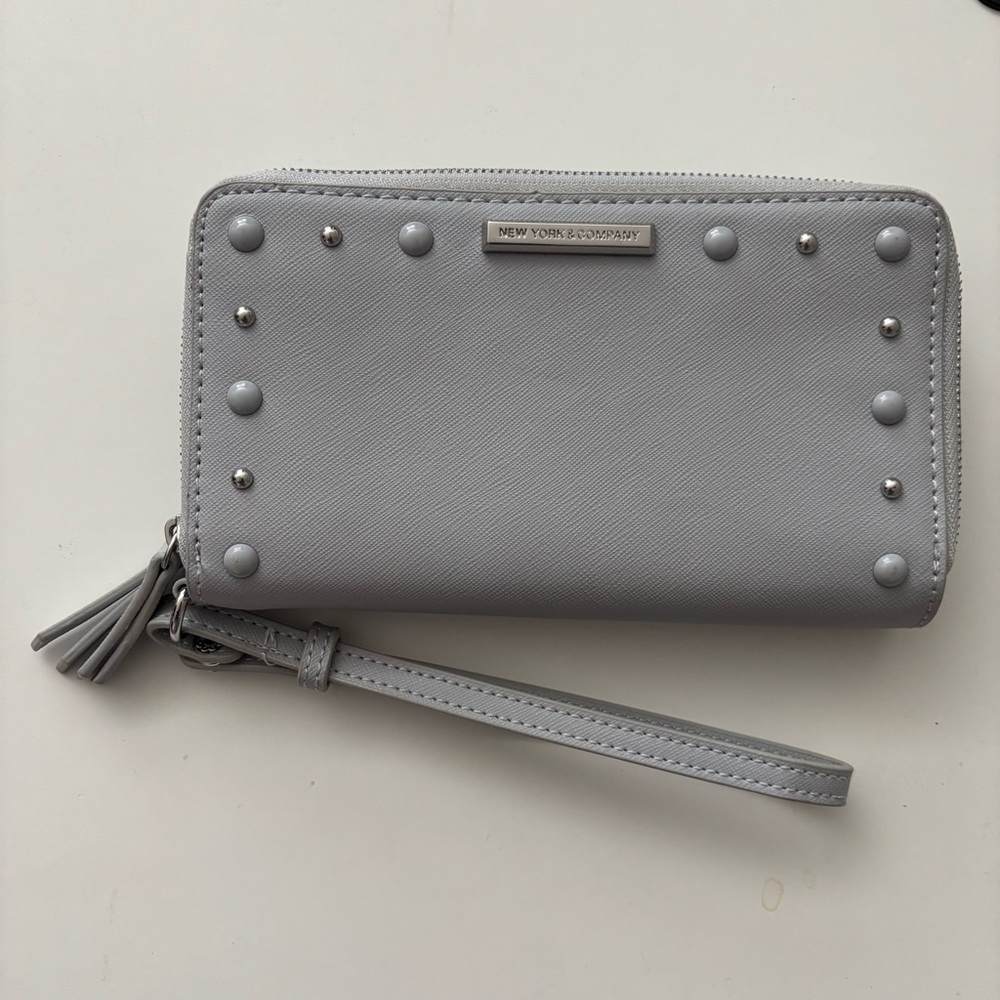 New York & company dusty blue light gray tone pearl bedazzled wallet